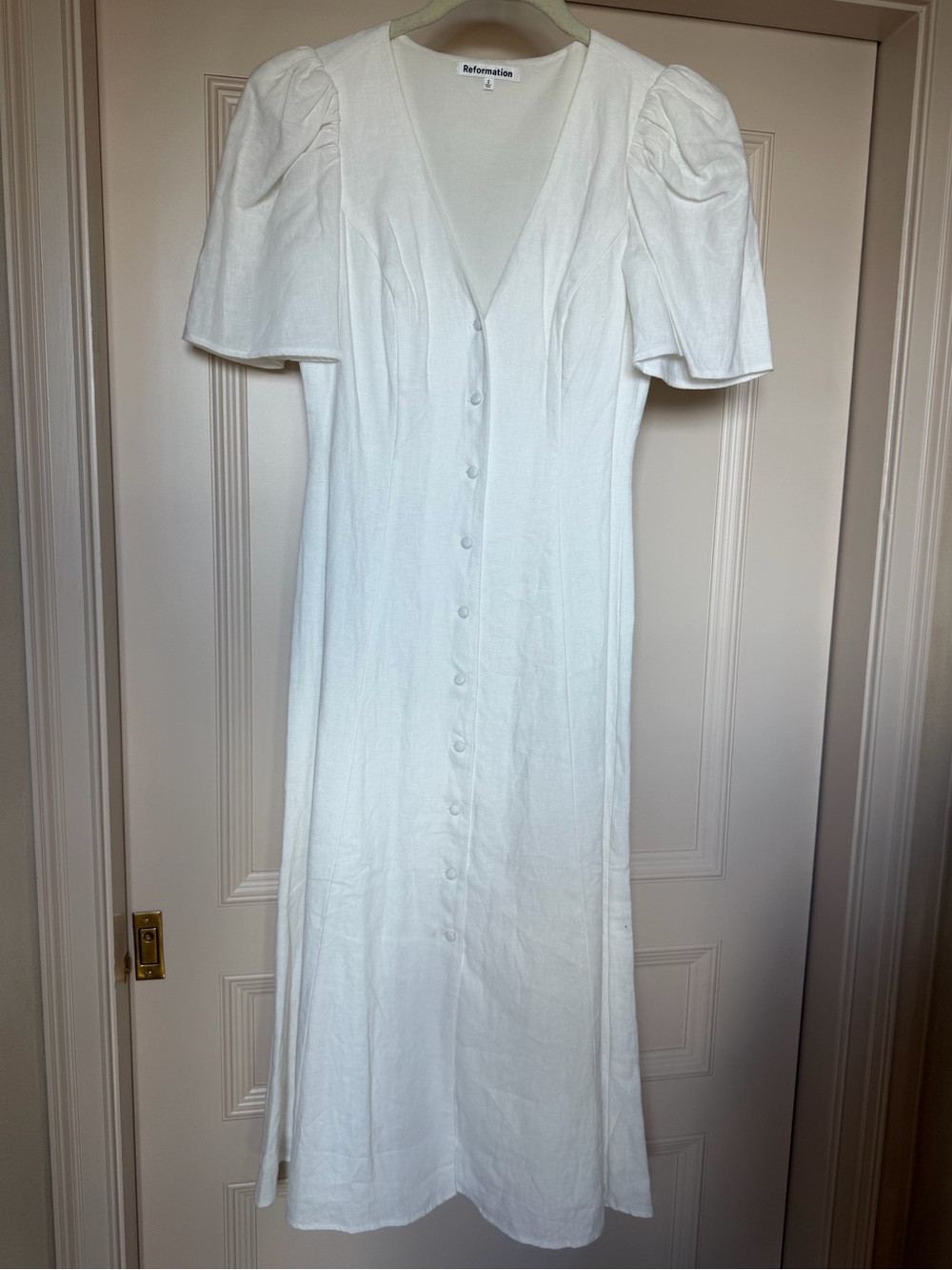 NWOT Reformation Cream Button-Front Puff Sleeve Midi Dress